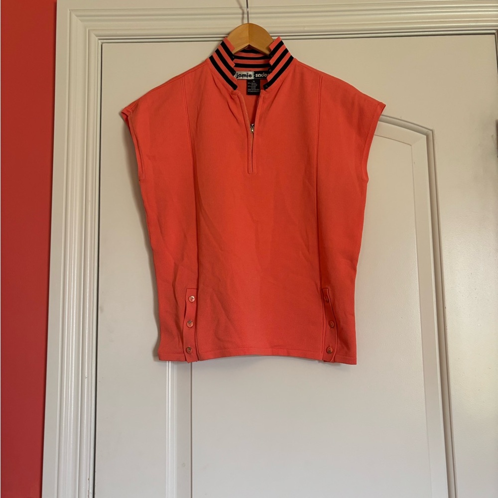 JAMIE SADOCK Women’s Medium  Sleeveless Coral Zip Top with Striped Collar